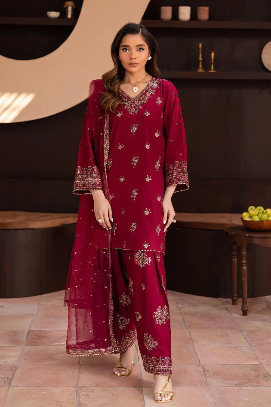 Shazneen – Deep Maroon Embroidered 3Pc Suit
