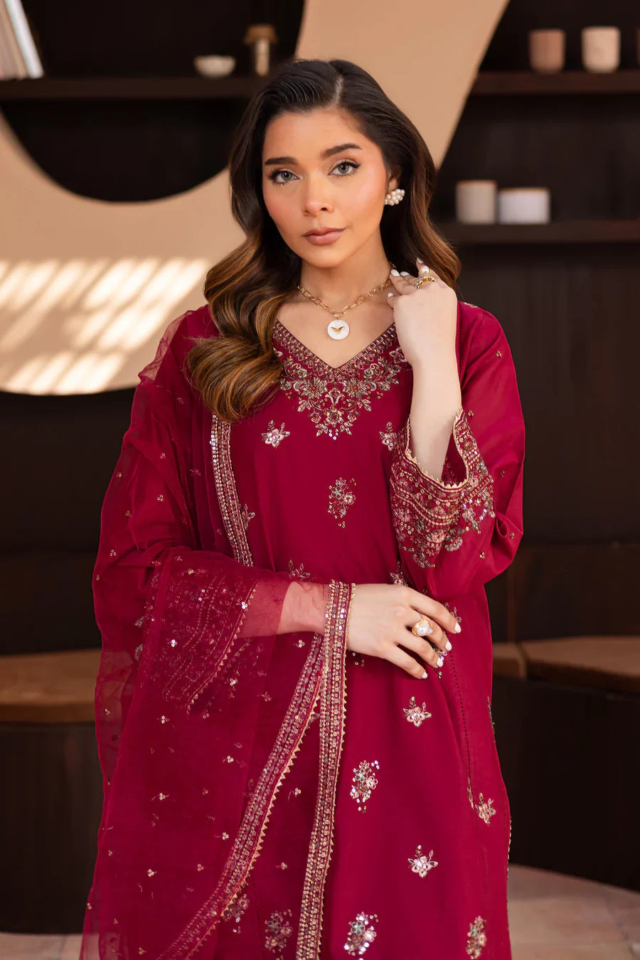 Shazneen – Deep Maroon Embroidered 3Pc Suit