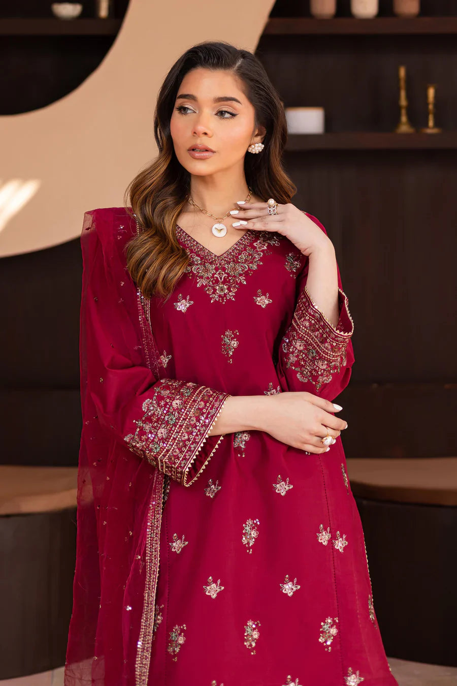 Shazneen – Deep Maroon Embroidered 3Pc Suit