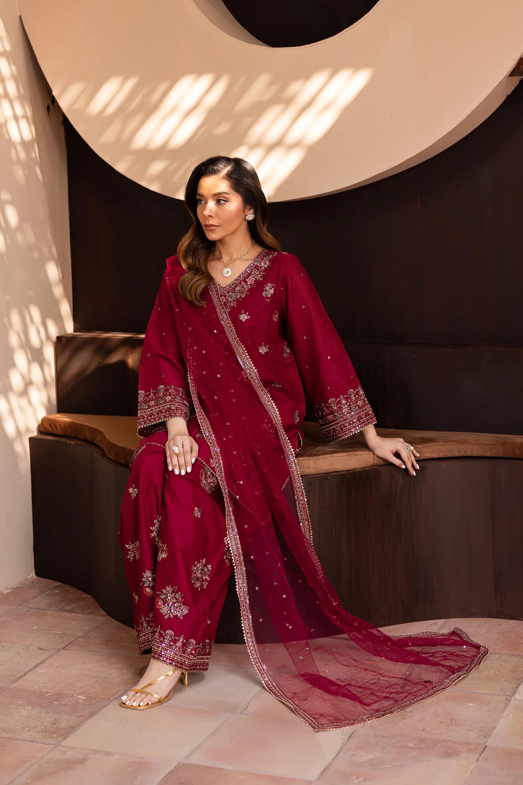 Shazneen – Deep Maroon Embroidered 3Pc Suit