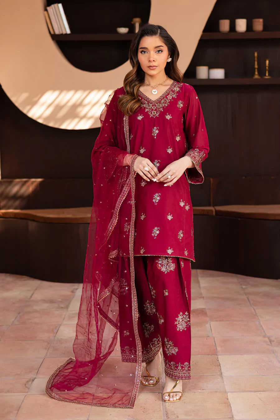 Shazneen – Deep Maroon Embroidered 3Pc Suit