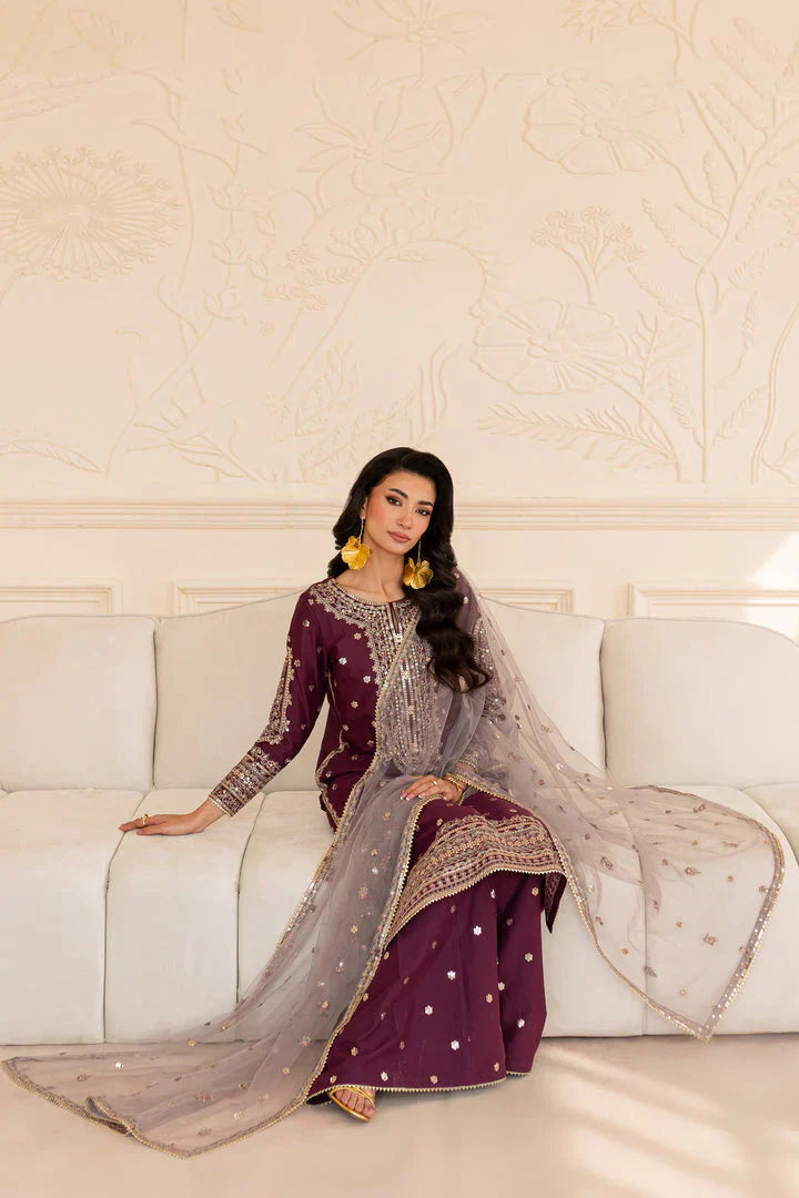 Shehnai – Plum Purple Embroidered 3Pc Gharara Set