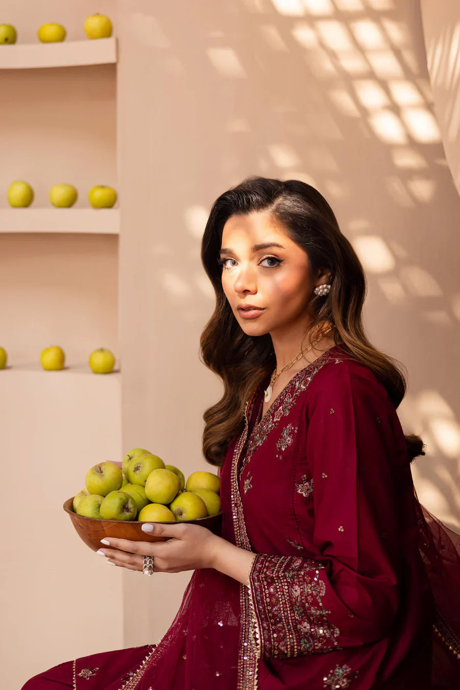 Shazneen – Deep Maroon Embroidered 3Pc Suit