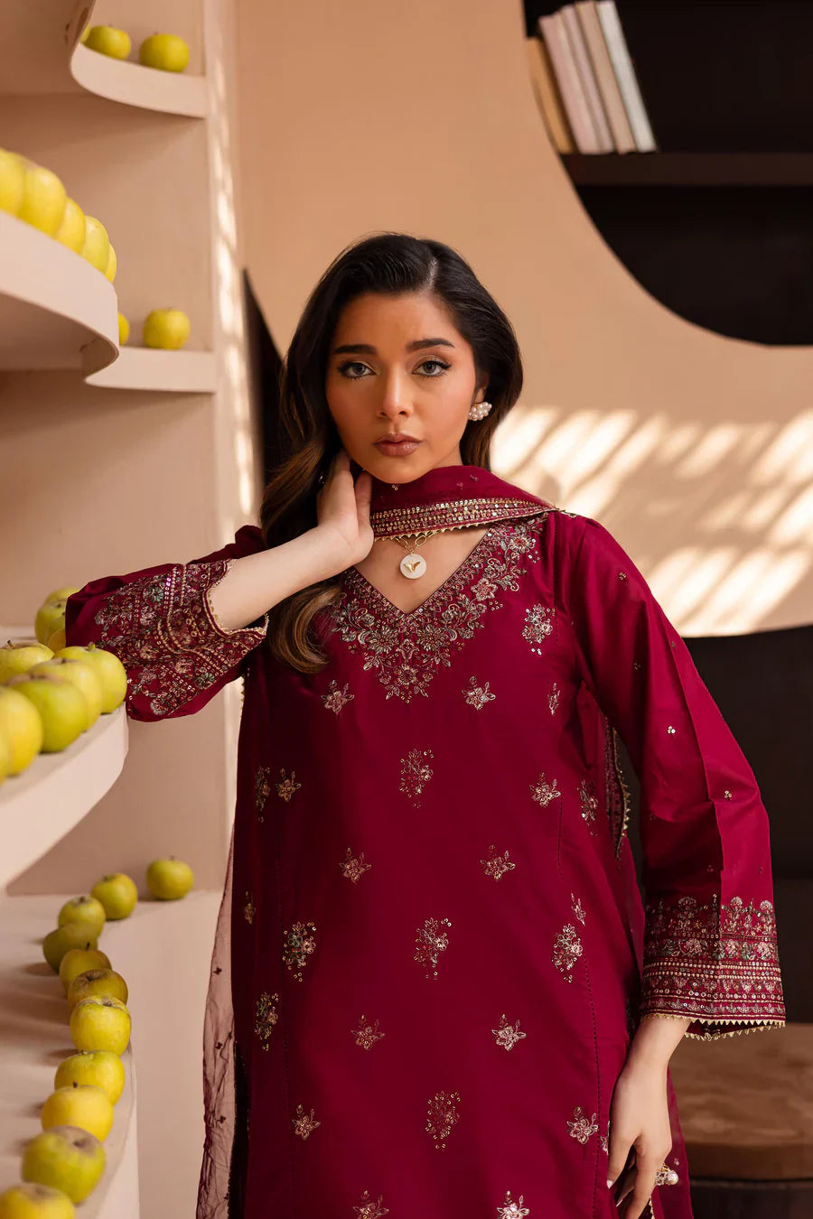 Shazneen – Deep Maroon Embroidered 3Pc Suit