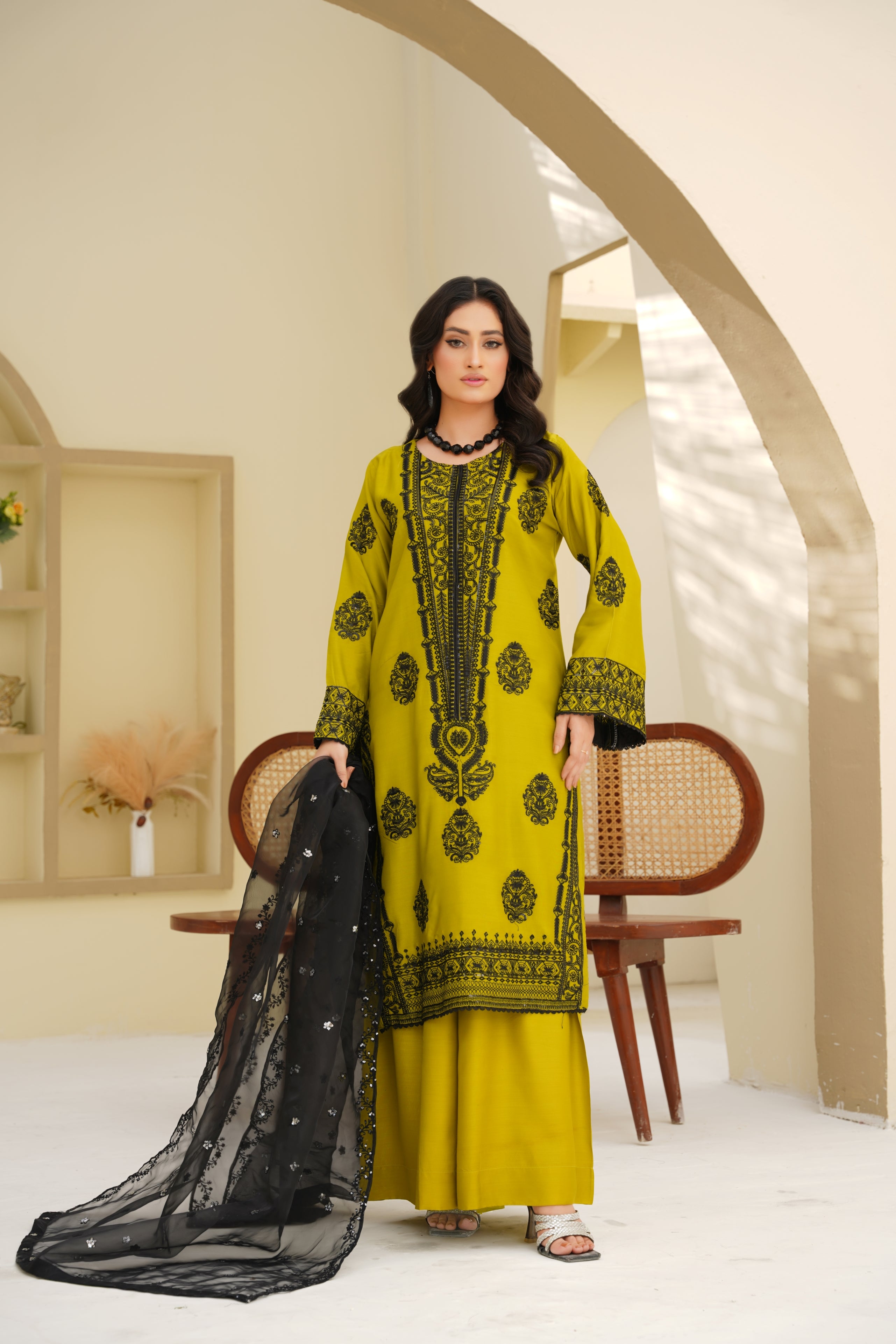 Vibrant Mustard Noir – 3Pc Embroidered Suit