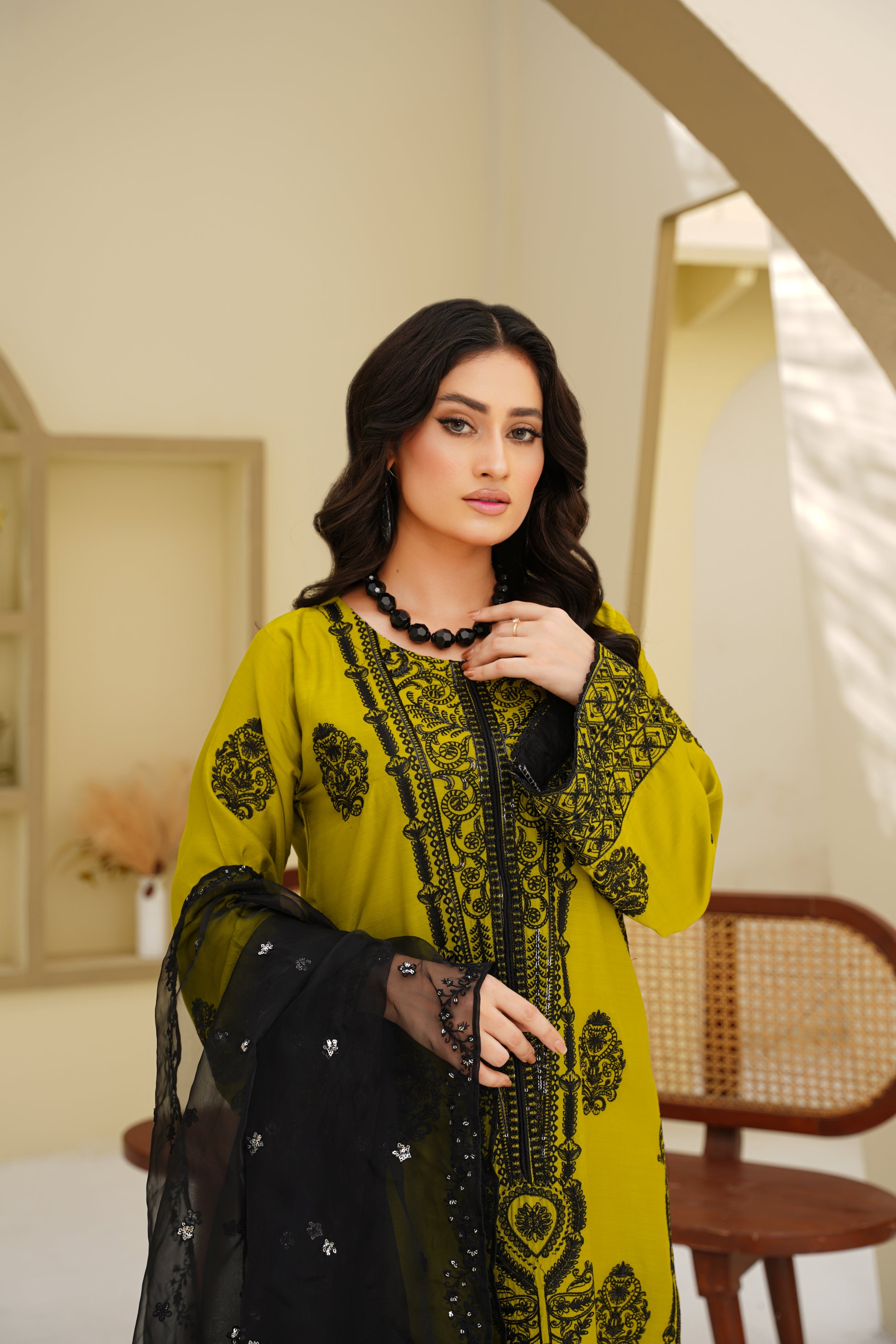 Vibrant Mustard Noir – 3Pc Embroidered Suit