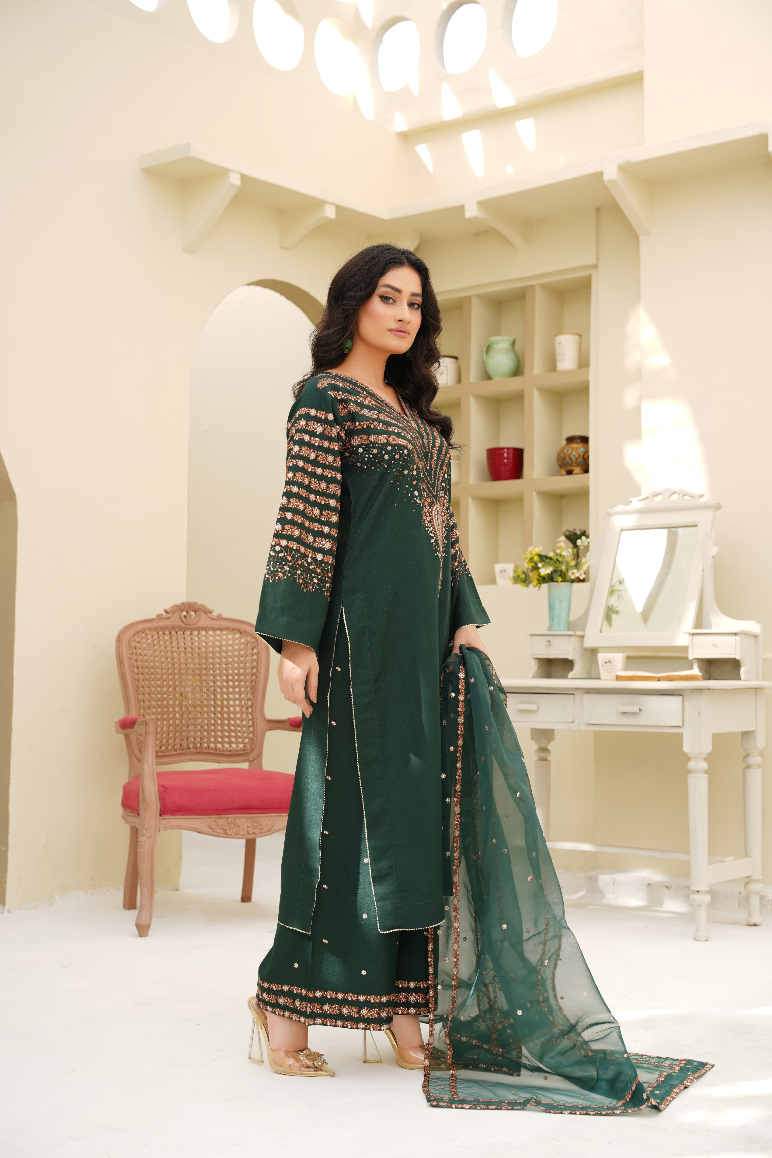 Emerald Elegance – 3Pc Embroidered Suit