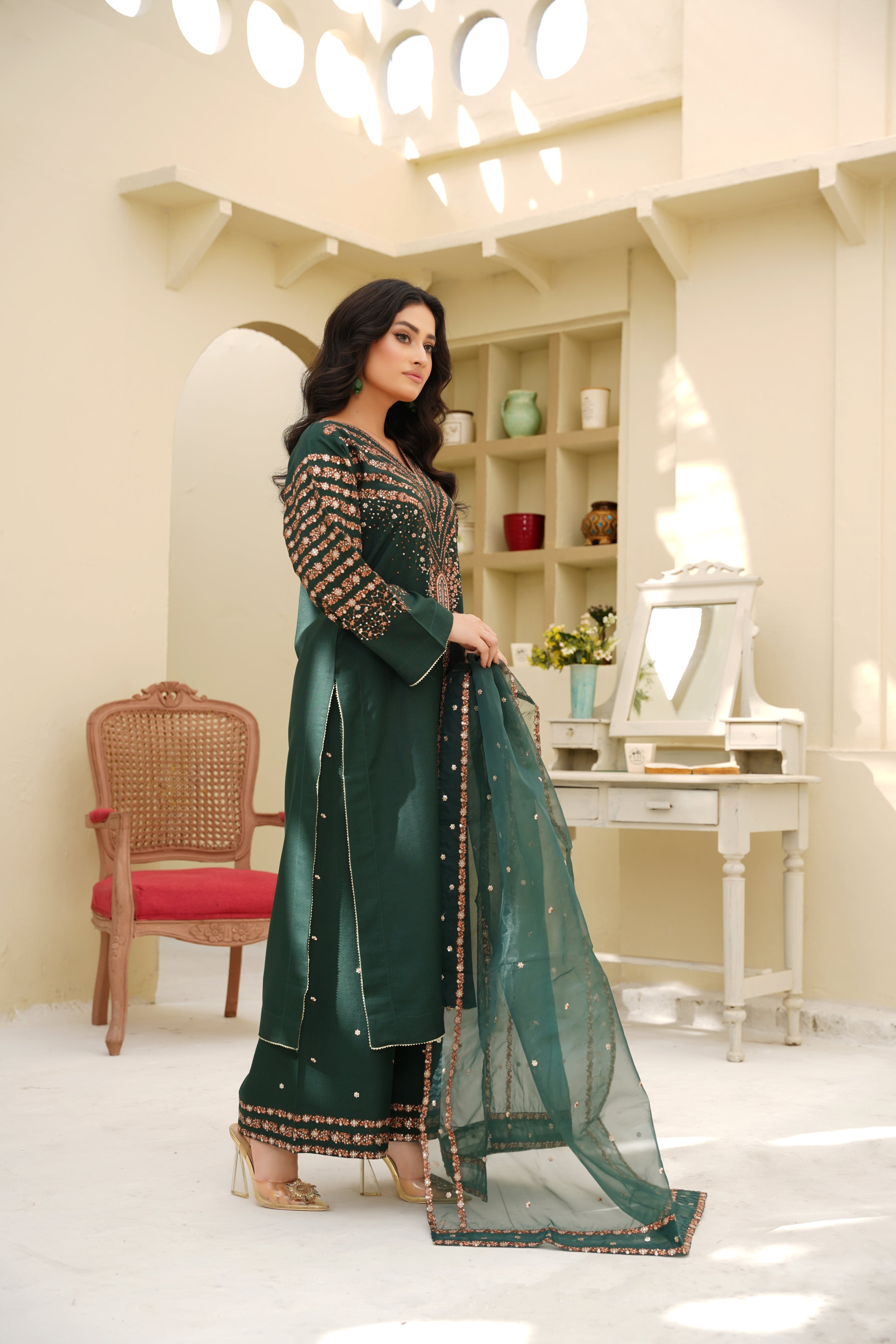 Emerald Elegance – 3Pc Embroidered Suit