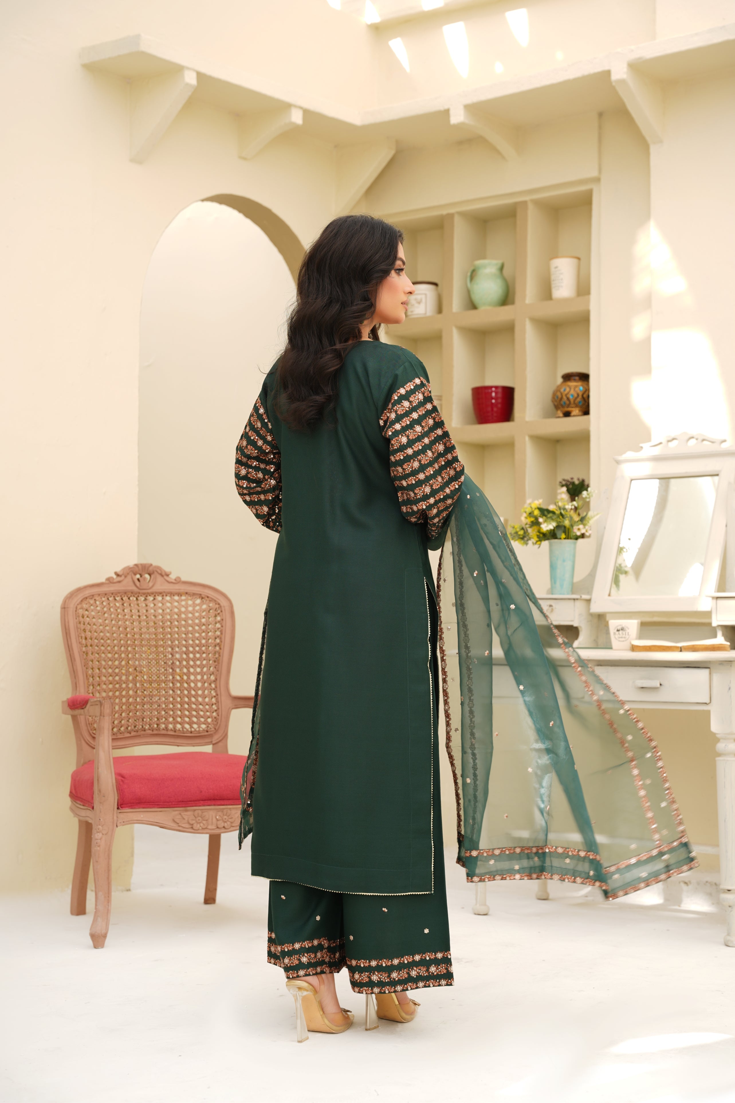 Emerald Elegance – 3Pc Embroidered Suit