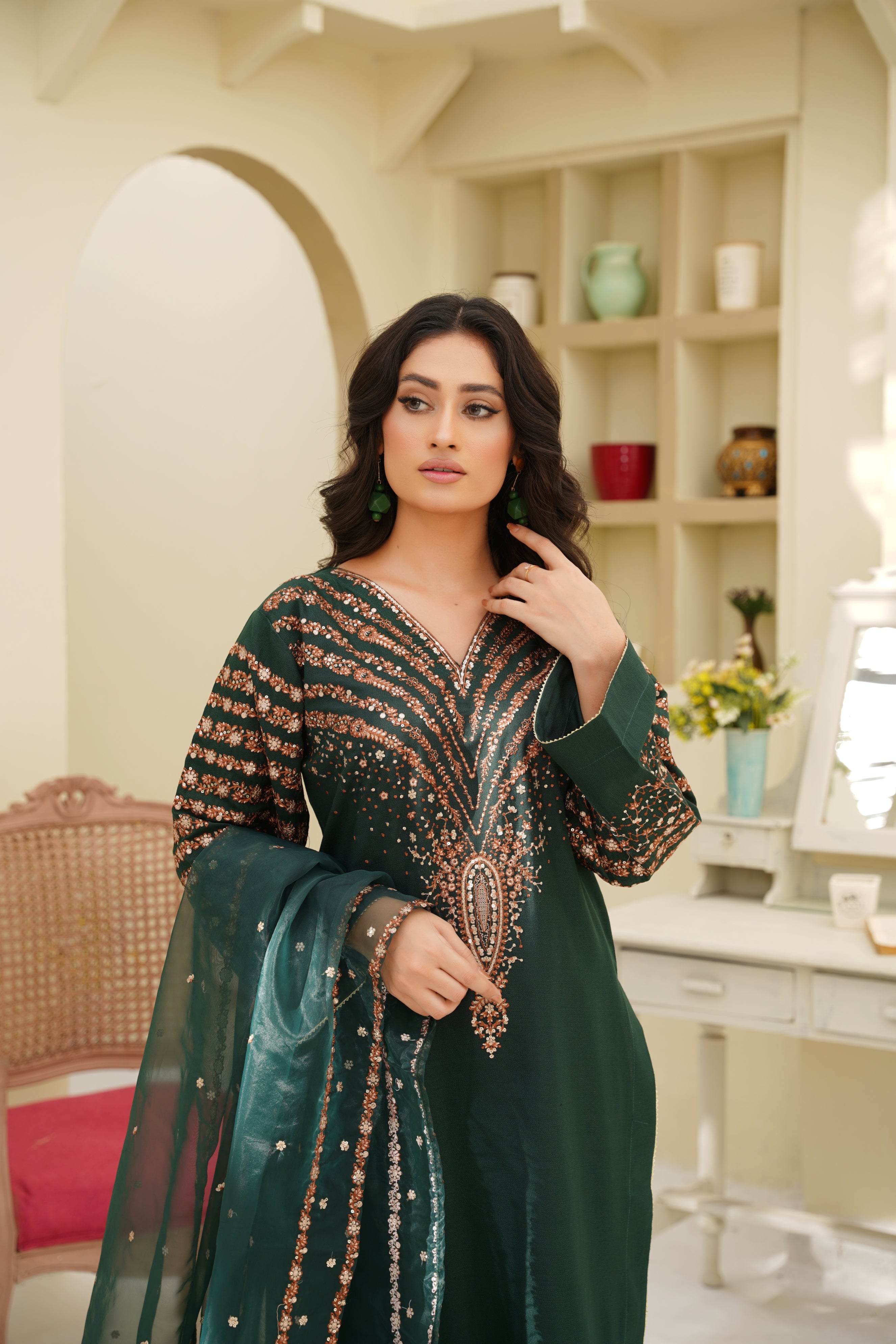 Emerald Elegance – 3Pc Embroidered Suit