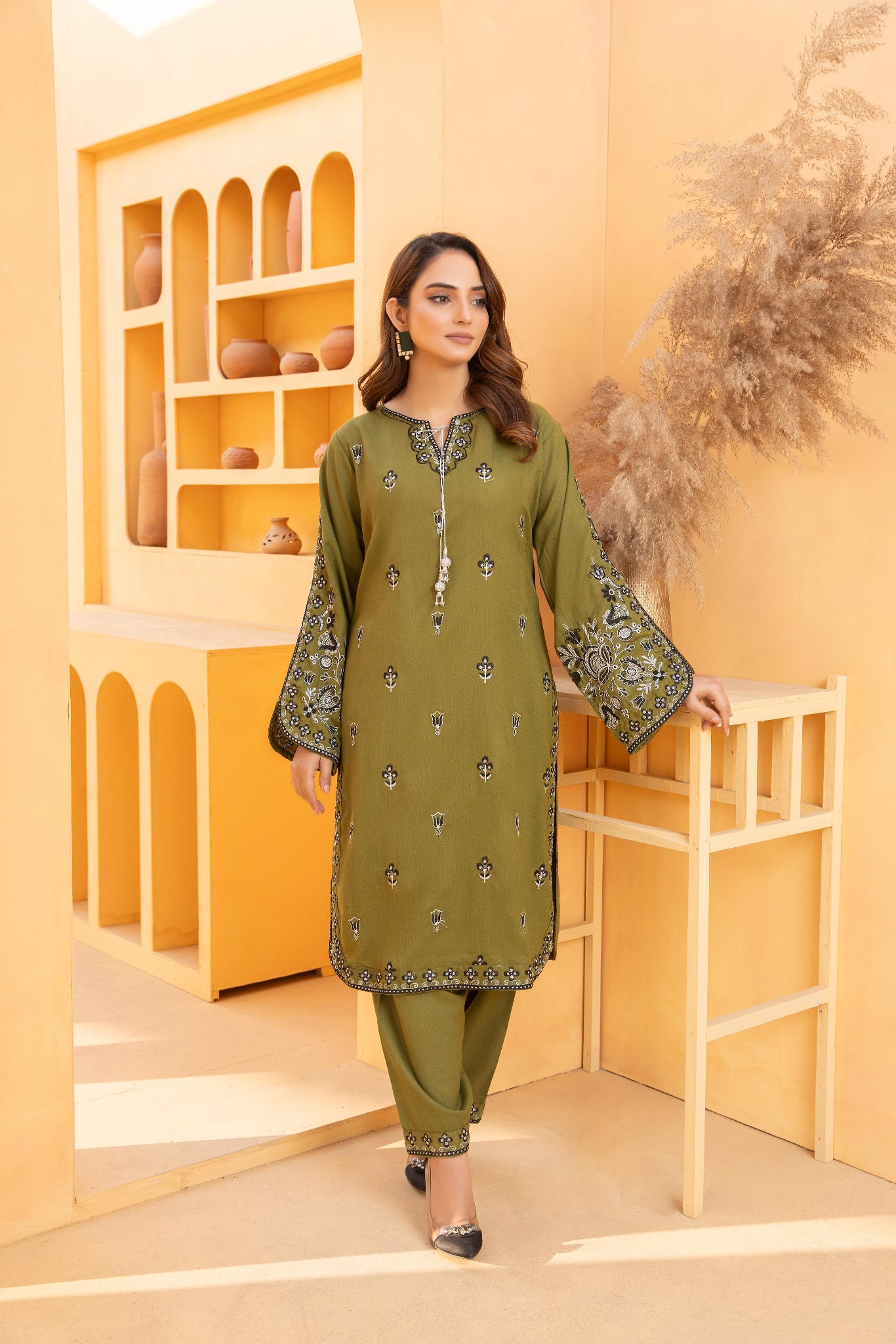 Olive Green Embroidered Chiffon Kurta & Pant Suit