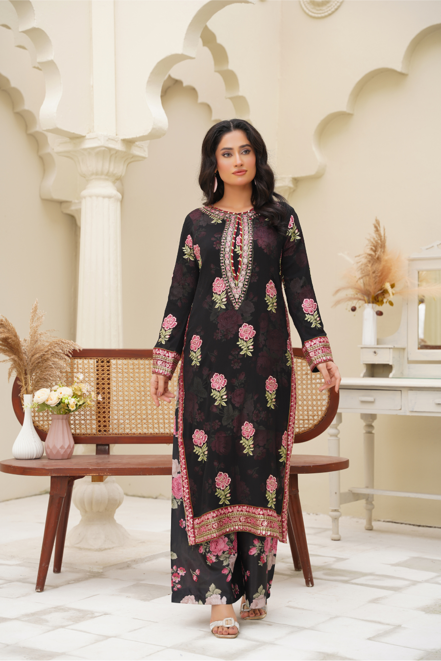 Aurelia – Black & Rose Embroidered 3Pc Suit | Viscose Pret