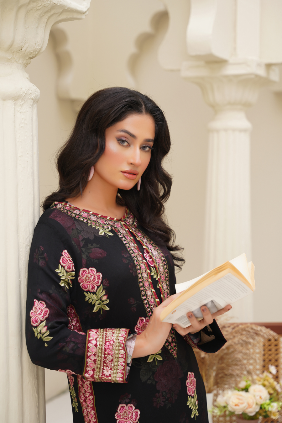 Aurelia – Black & Rose Embroidered 3Pc Suit | Viscose Pret