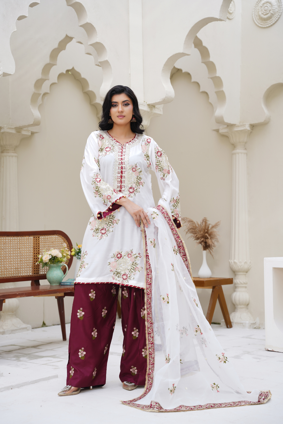 Zara – White & Maroon Viscose 3Pc Suit | Ready-to-Wear 3Pc Suit