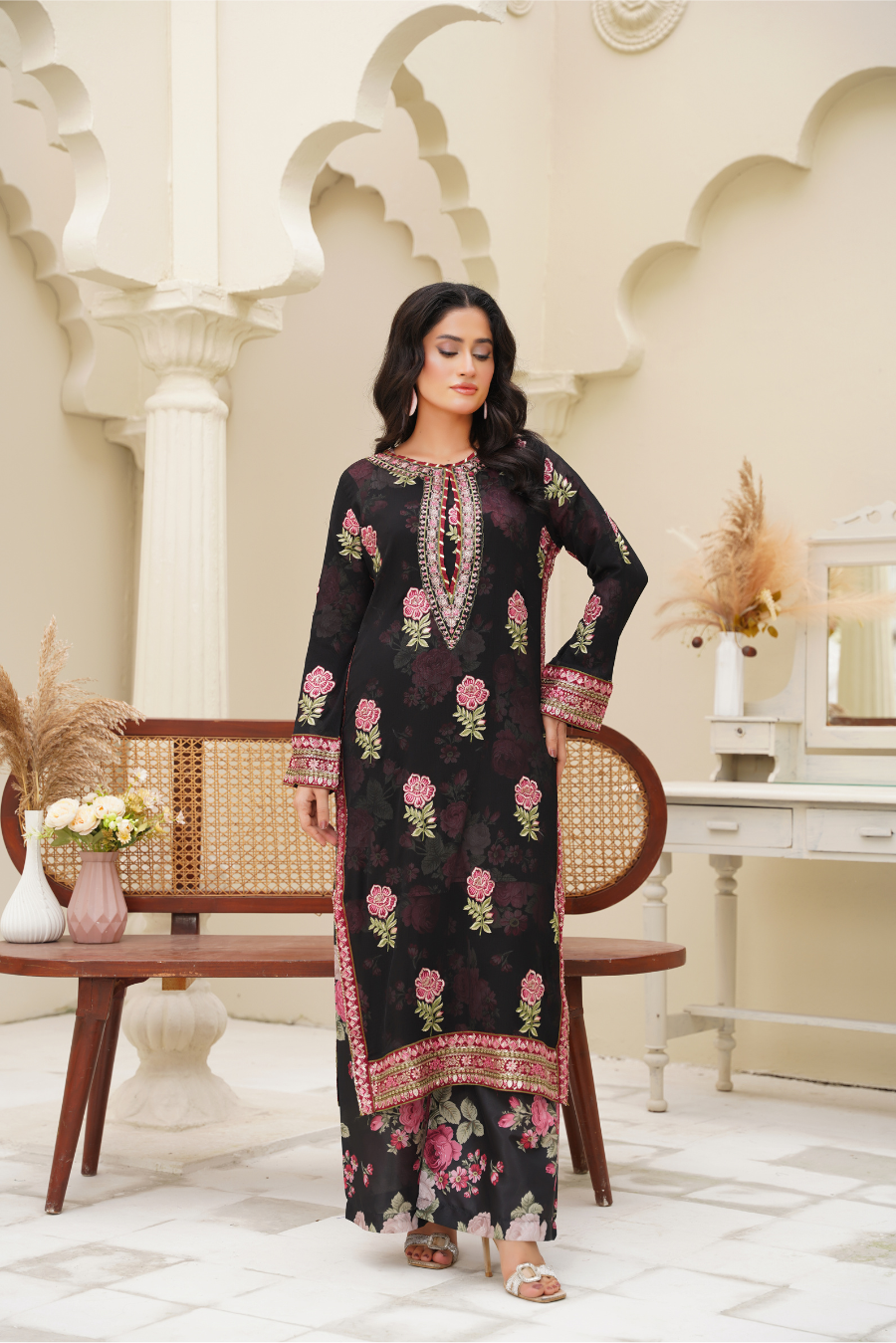Aurelia – Black & Rose Embroidered 3Pc Suit | Viscose Pret