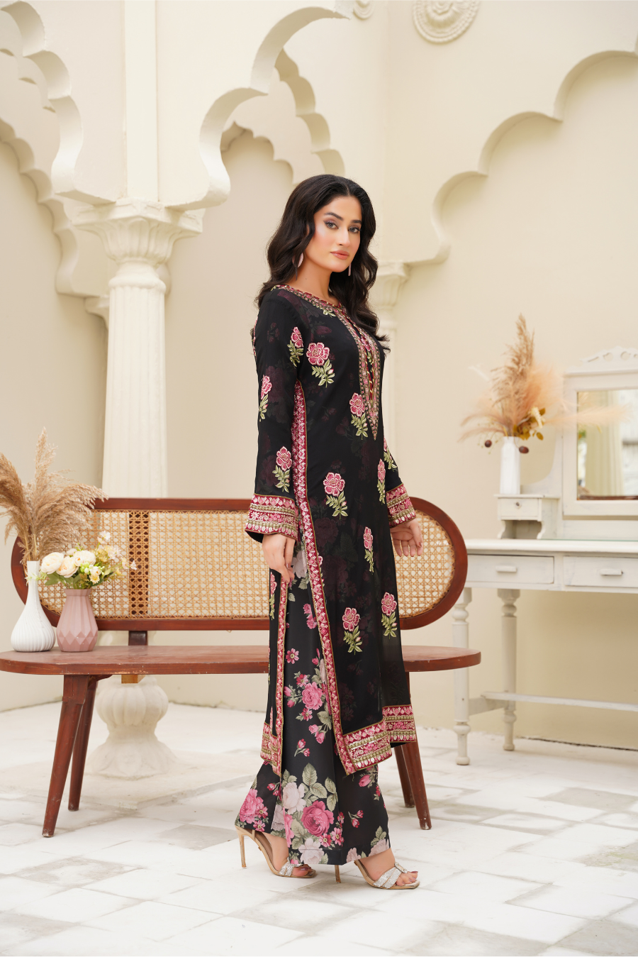 Aurelia – Black & Rose Embroidered 3Pc Suit | Viscose Pret
