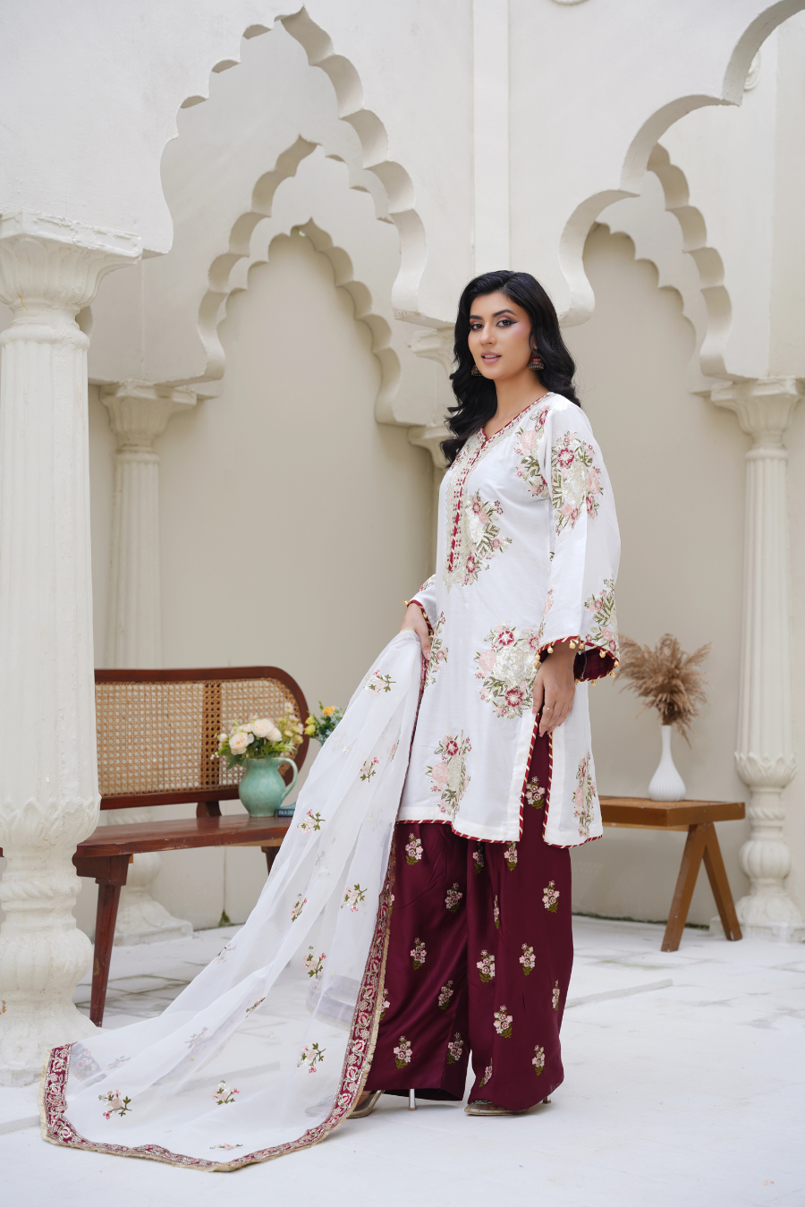 Zara – White & Maroon Viscose 3Pc Suit | Ready-to-Wear 3Pc Suit