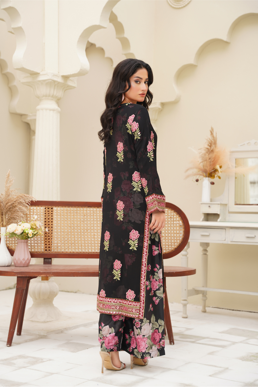 Aurelia – Black & Rose Embroidered 3Pc Suit | Viscose Pret