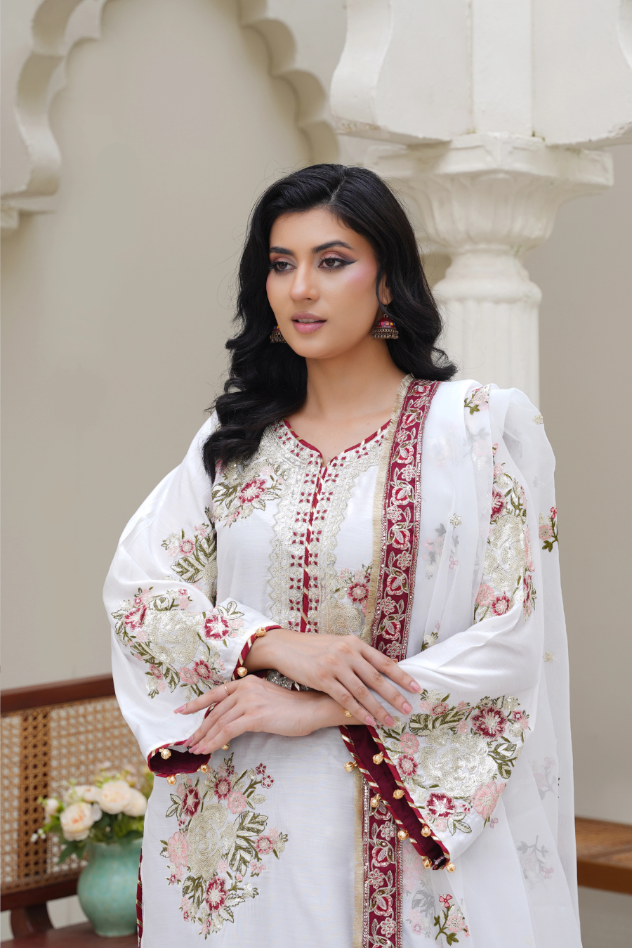 Zara – White & Maroon Viscose 3Pc Suit | Ready-to-Wear 3Pc Suit