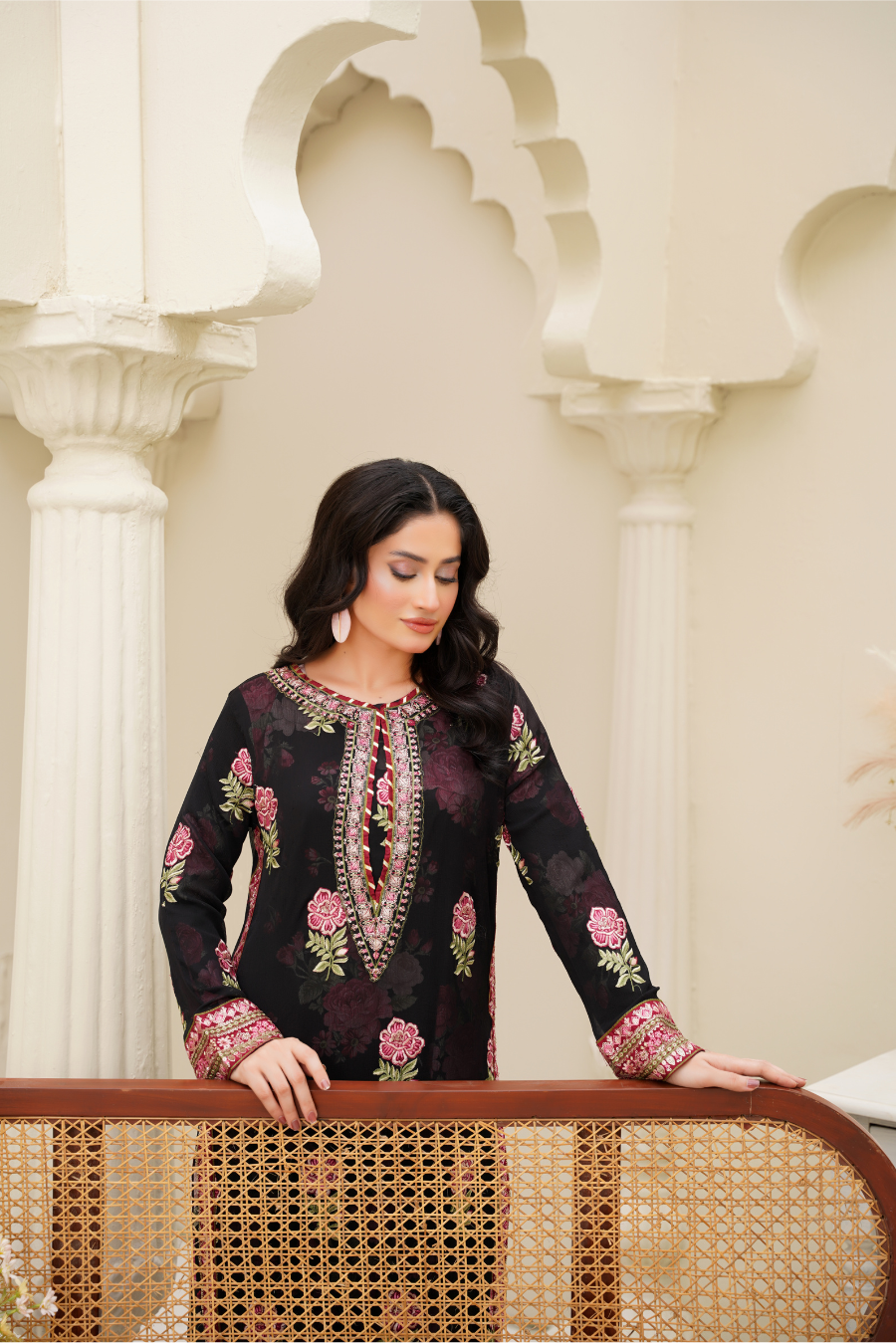 Aurelia – Black & Rose Embroidered 3Pc Suit | Viscose Pret