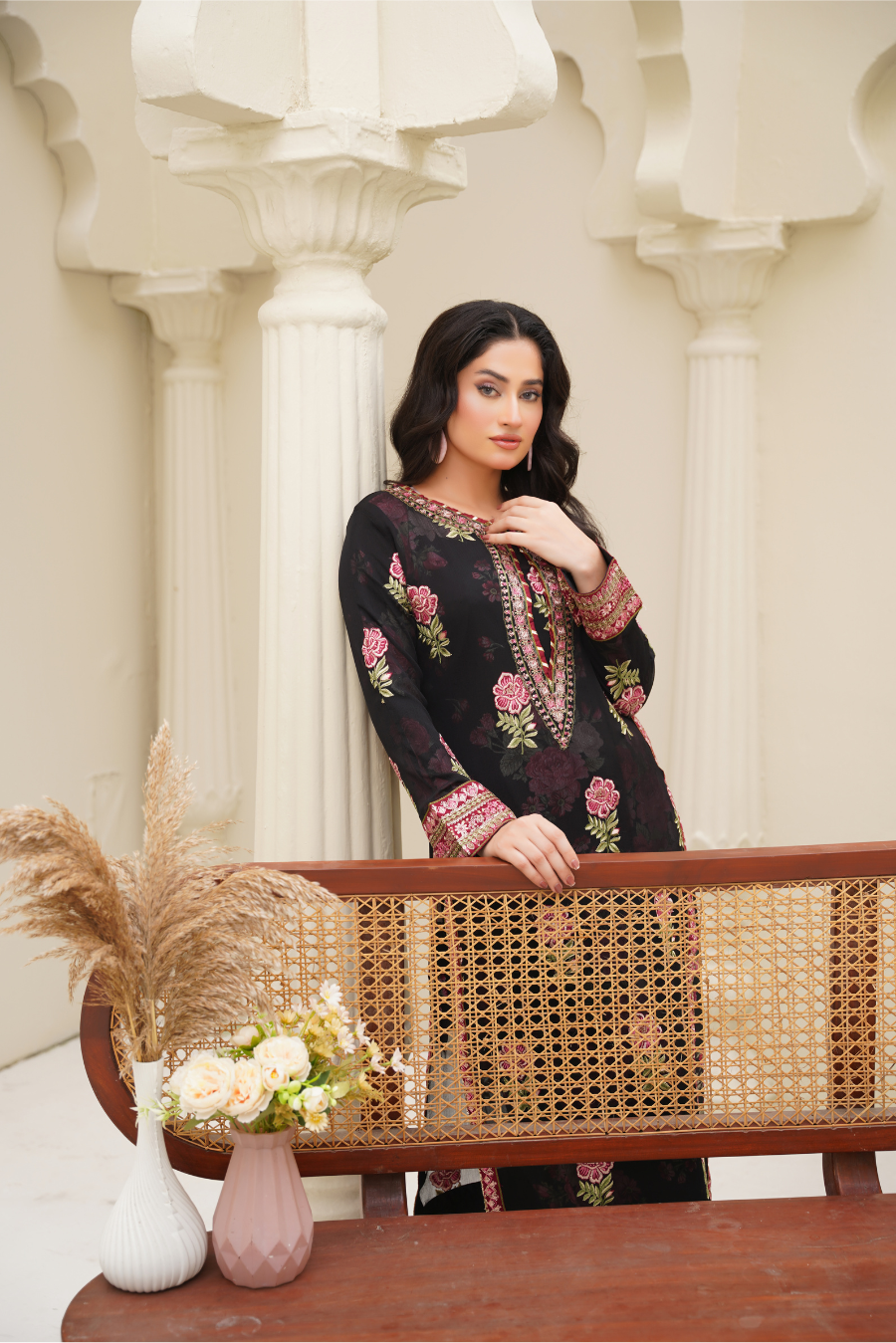 Aurelia – Black & Rose Embroidered 3Pc Suit | Viscose Pret