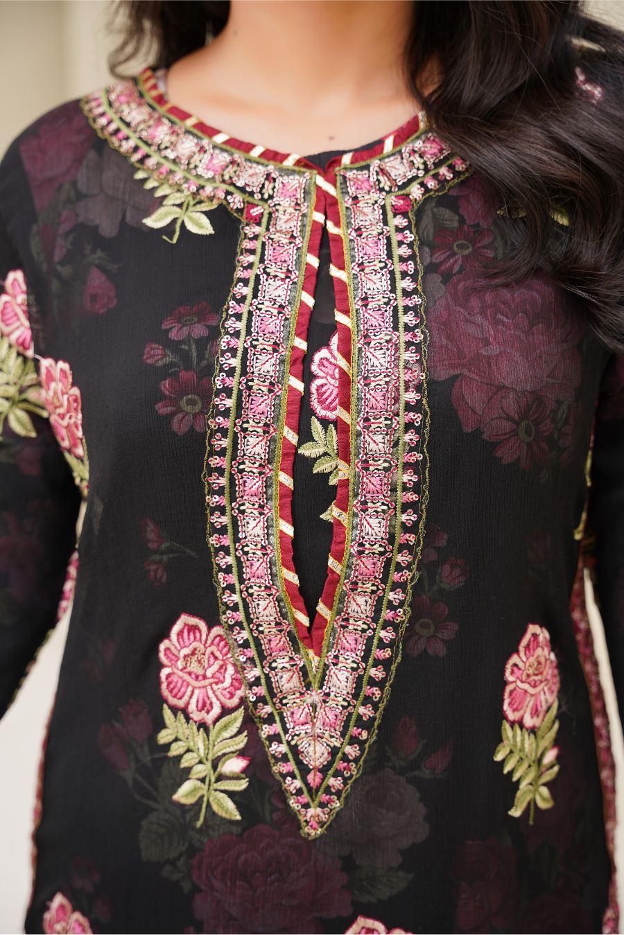 Aurelia – Black & Rose Embroidered 3Pc Suit | Viscose Pret