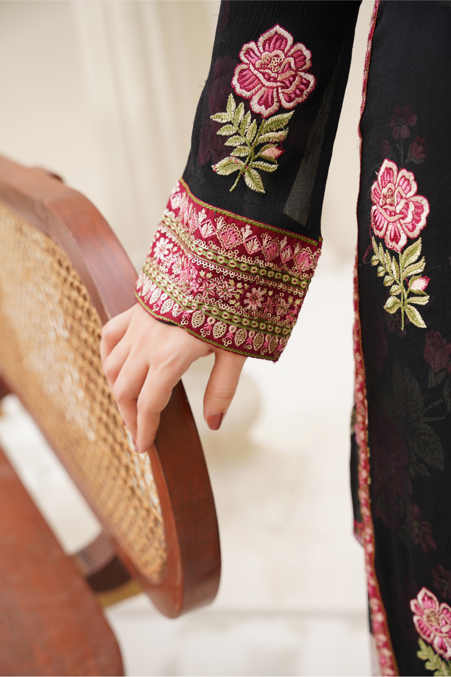 Aurelia – Black & Rose Embroidered 3Pc Suit | Viscose Pret