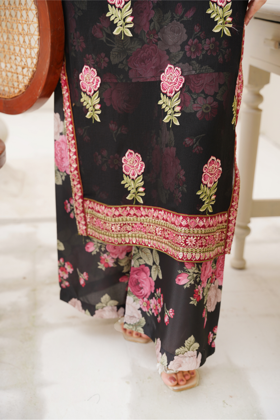 Aurelia – Black & Rose Embroidered 3Pc Suit | Viscose Pret