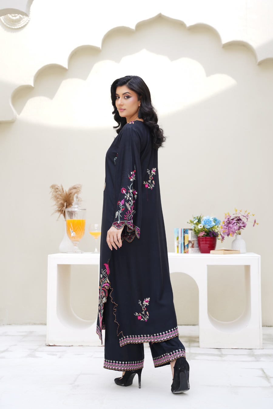 Elena – Black & Pink Embroidered Viscose 2Pc Suit