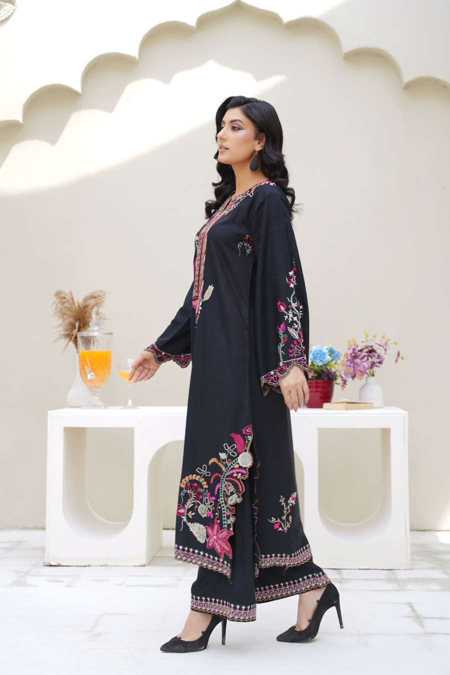 Elena – Black & Pink Embroidered Viscose 2Pc Suit
