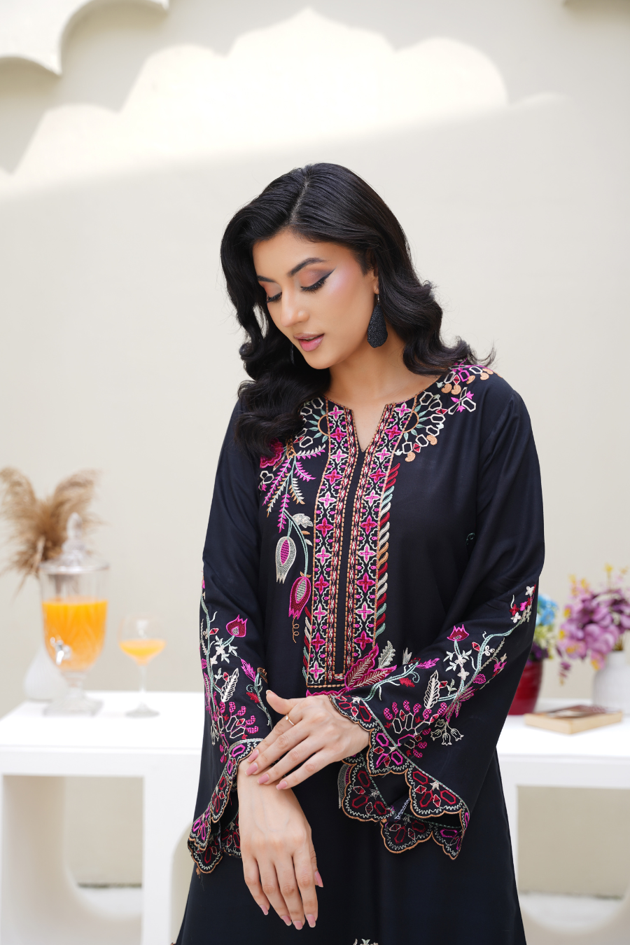 Elena – Black & Pink Embroidered Viscose 2Pc Suit
