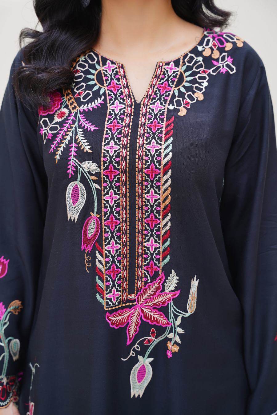 Elena – Black & Pink Embroidered Viscose 2Pc Suit