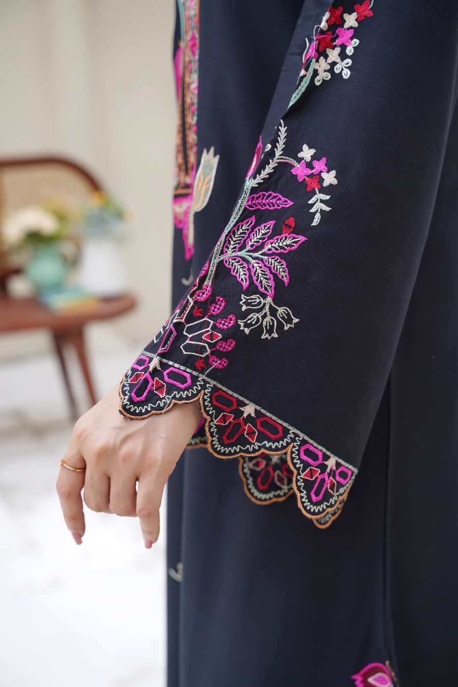 Elena – Black & Pink Embroidered Viscose 2Pc Suit