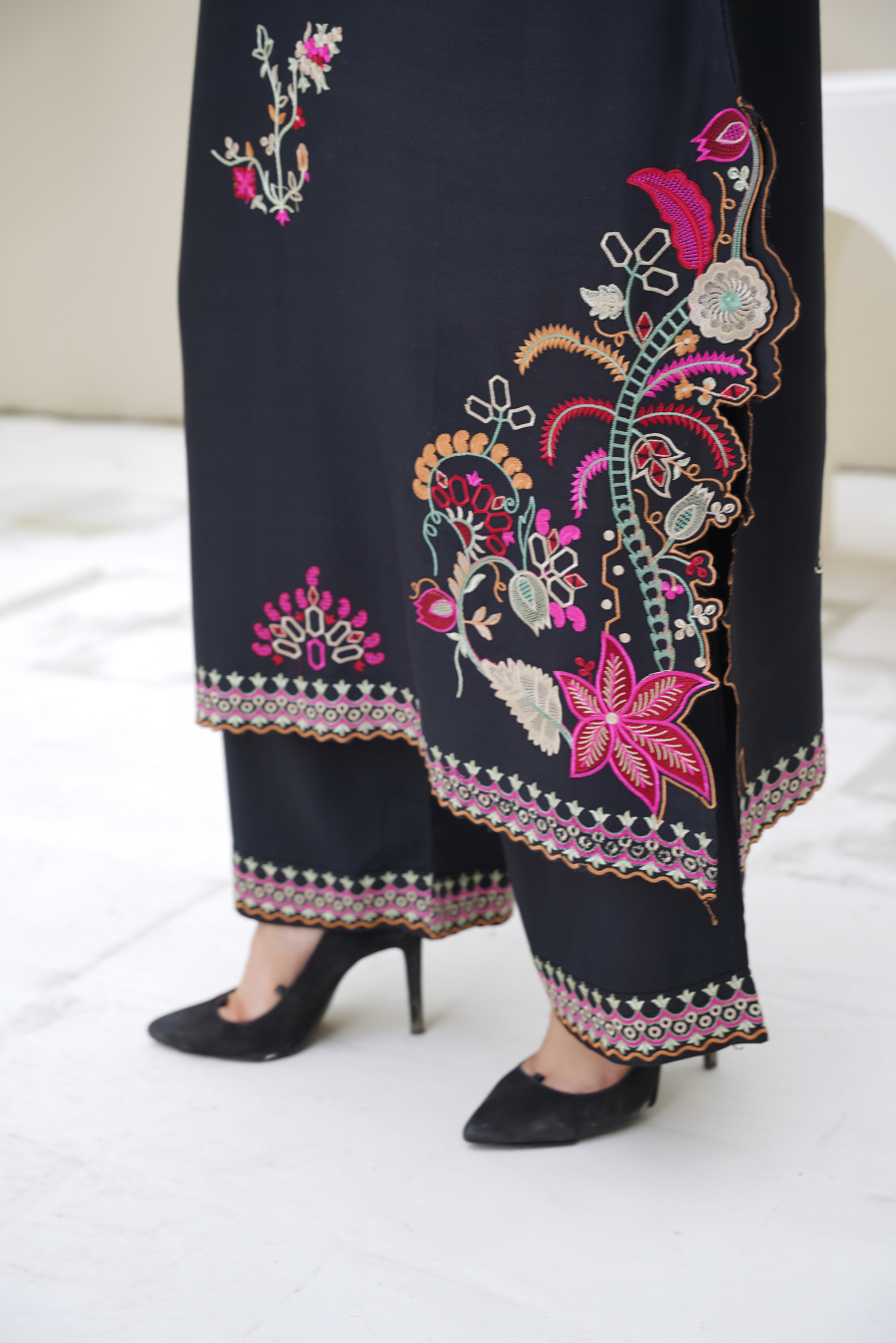 Elena – Black & Pink Embroidered Viscose 2Pc Suit