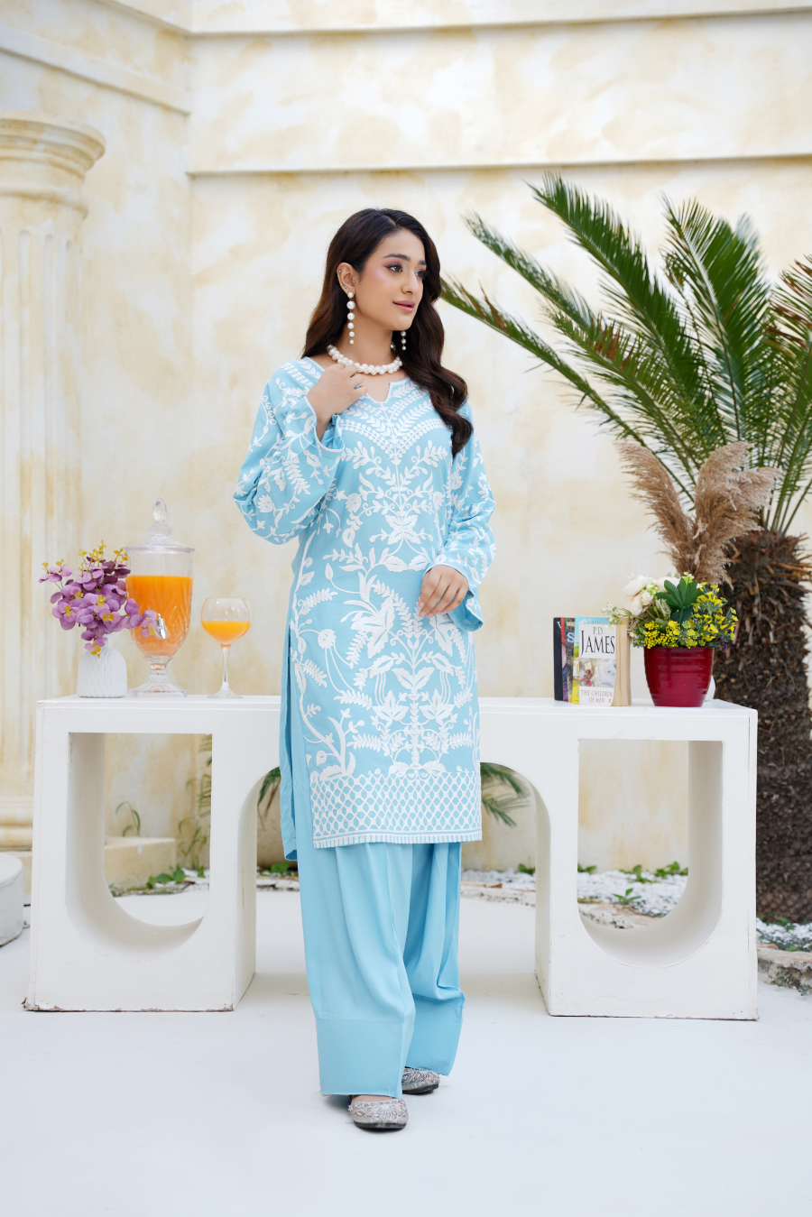 Sky Blue & White Embroidered Viscose 2Pc Suit