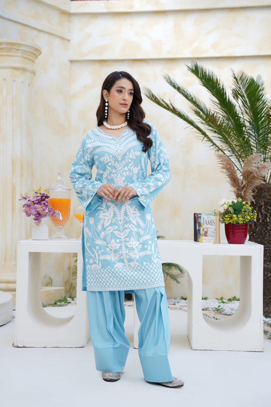 Sky Blue & White Embroidered Viscose 2Pc Suit