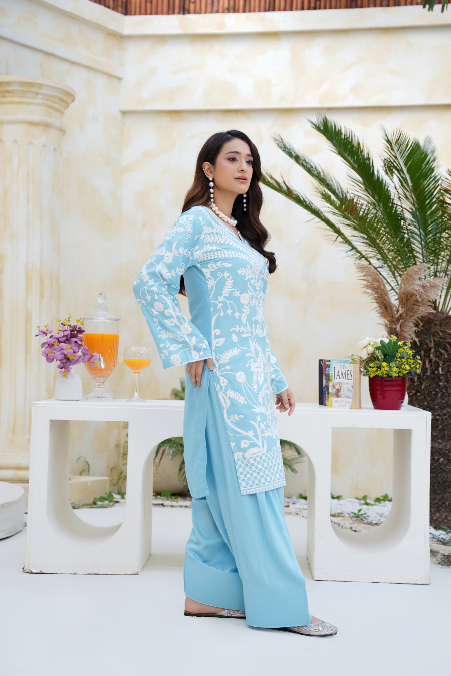 Sky Blue & White Embroidered Viscose 2Pc Suit