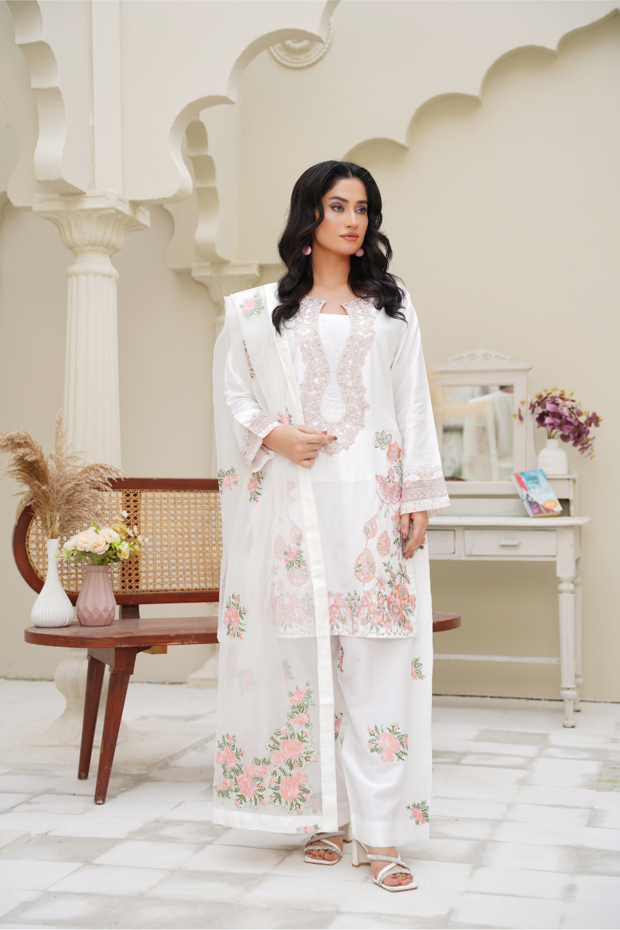 Celestia – White & Blush Embroidered 3Pc Suit | Viscose Pret