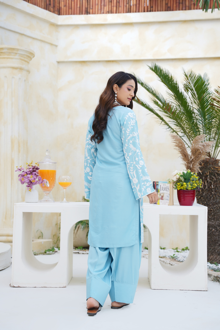 Sky Blue & White Embroidered Viscose 2Pc Suit