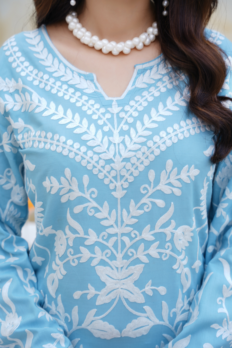 Sky Blue & White Embroidered Viscose 2Pc Suit