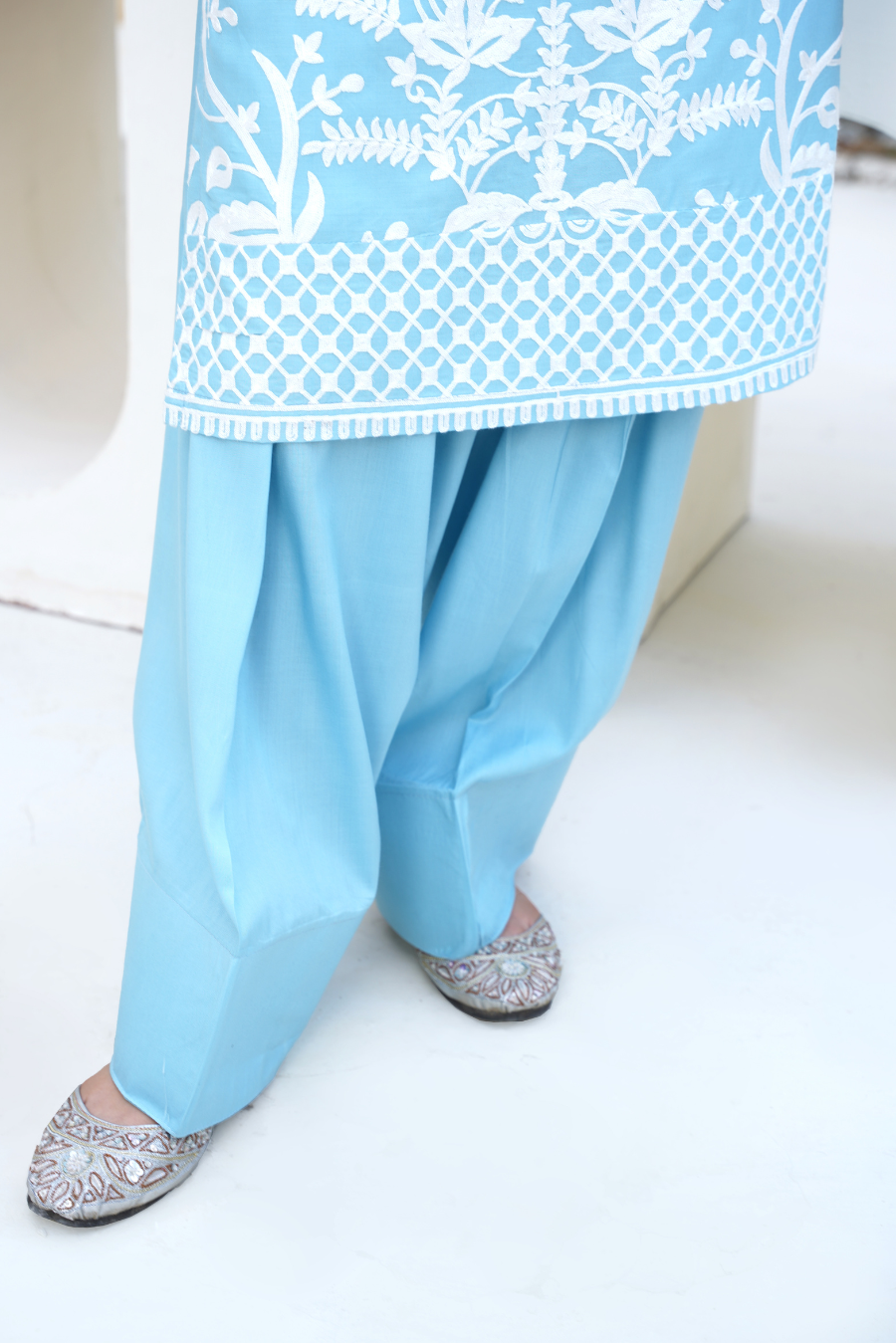 Sky Blue & White Embroidered Viscose 2Pc Suit