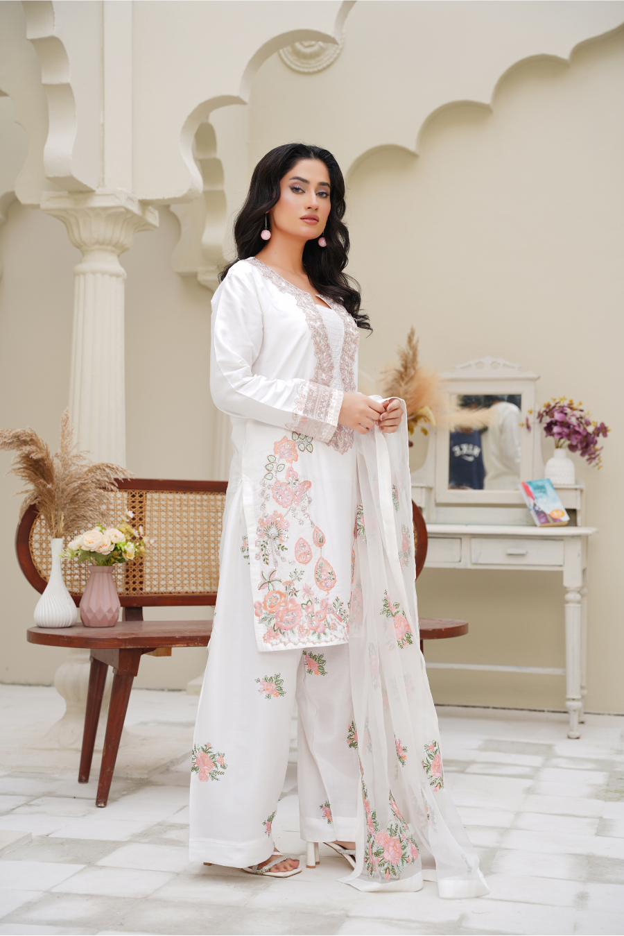 Celestia – White & Blush Embroidered 3Pc Suit | Viscose Pret