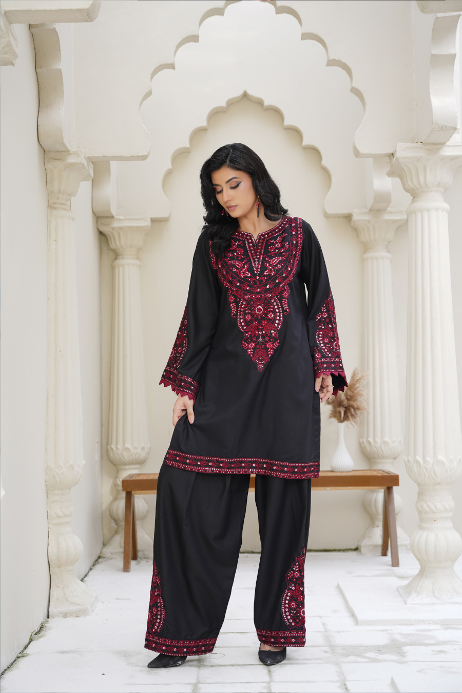 ✨ Zaria – Black & Maroon Embroidered 2Pc Suit | Formal Pret