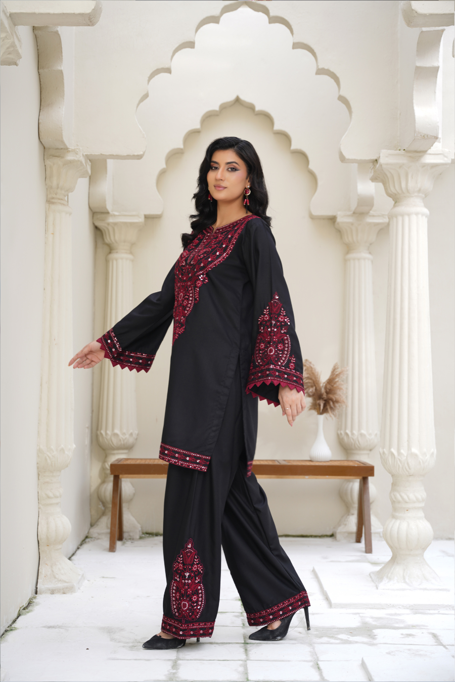 ✨ Zaria – Black & Maroon Embroidered 2Pc Suit | Formal Pret