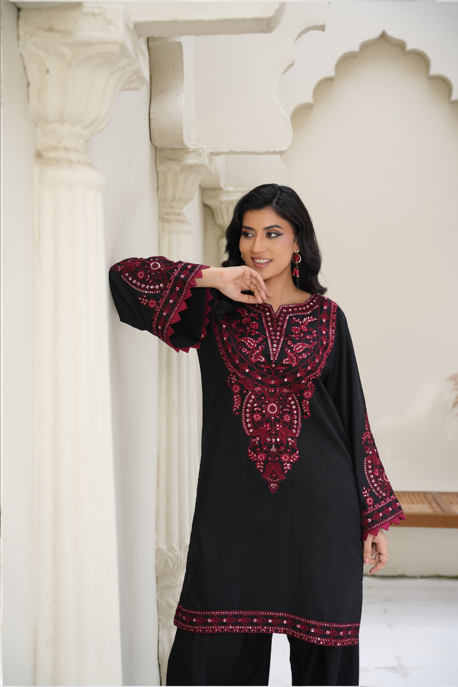 ✨ Zaria – Black & Maroon Embroidered 2Pc Suit | Formal Pret