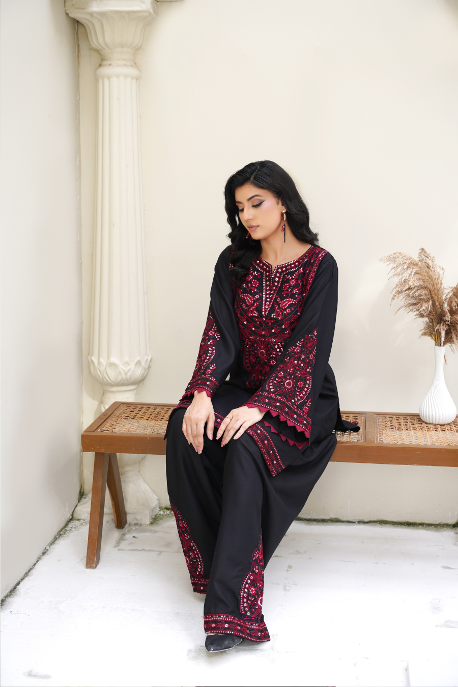 ✨ Zaria – Black & Maroon Embroidered 2Pc Suit | Formal Pret