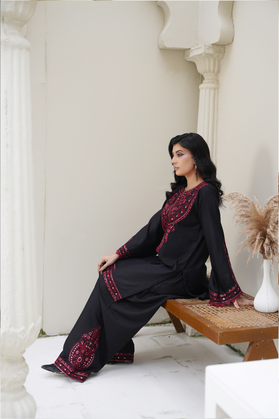 ✨ Zaria – Black & Maroon Embroidered 2Pc Suit | Formal Pret