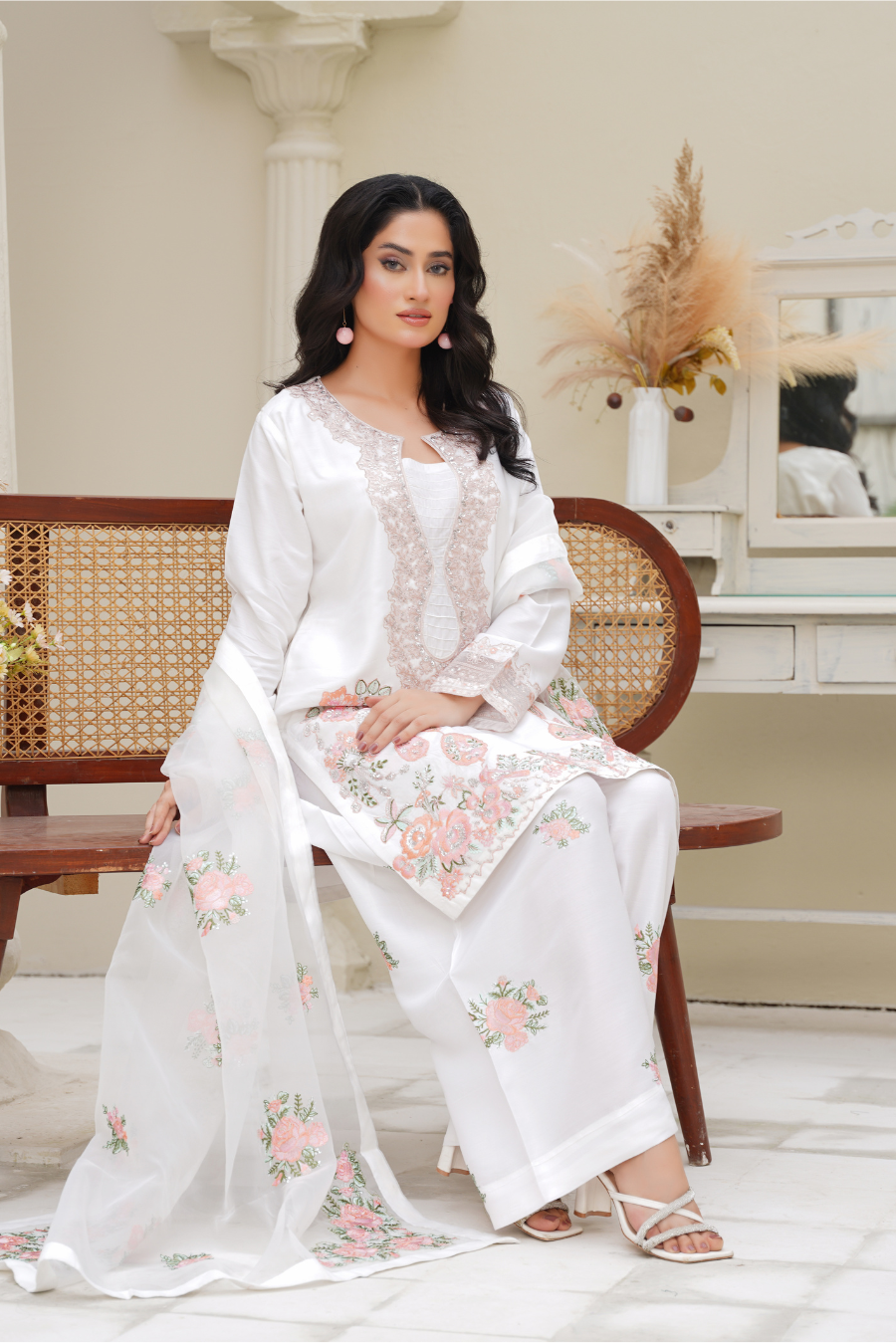 Celestia – White & Blush Embroidered 3Pc Suit | Viscose Pret