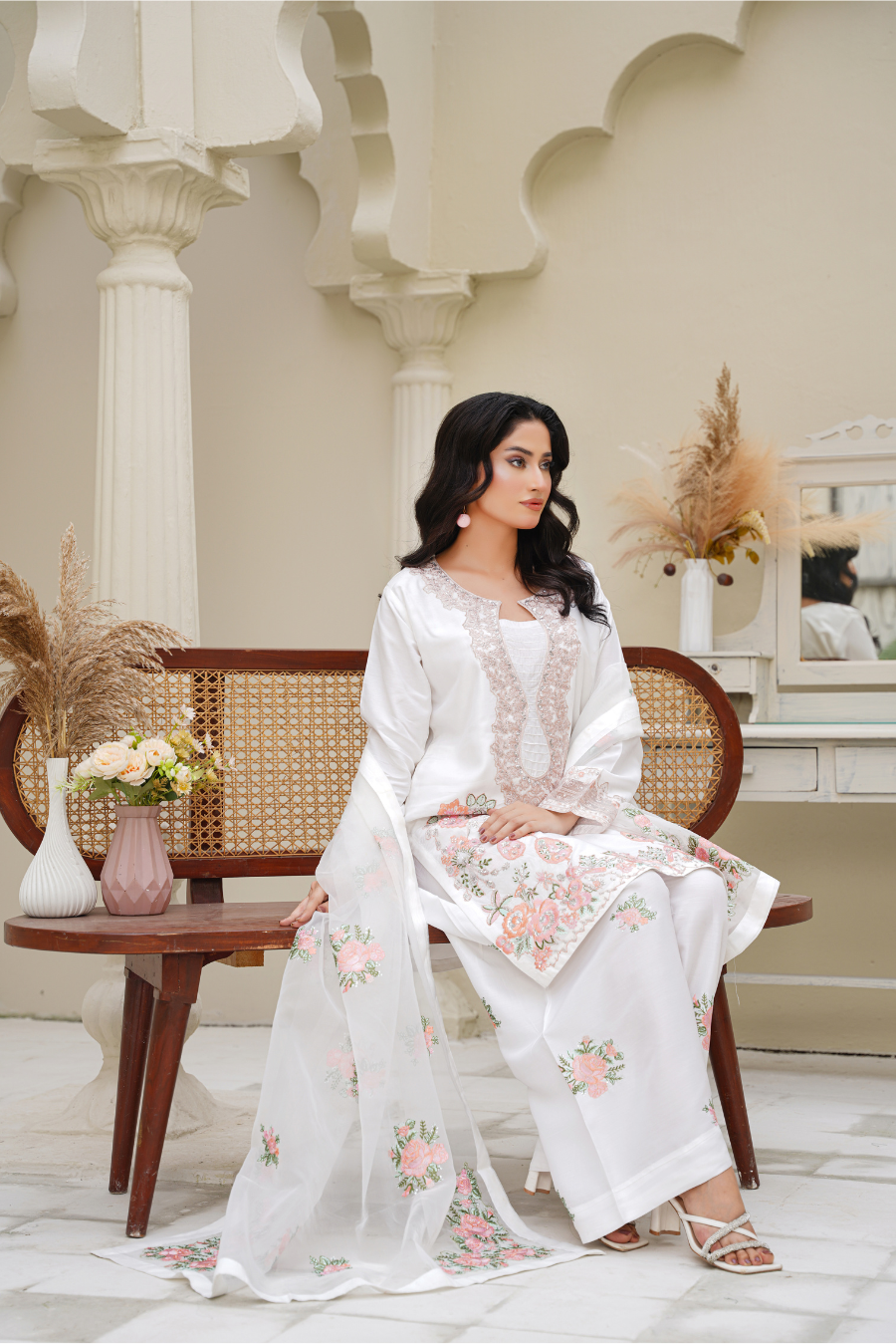 Celestia – White & Blush Embroidered 3Pc Suit | Viscose Pret