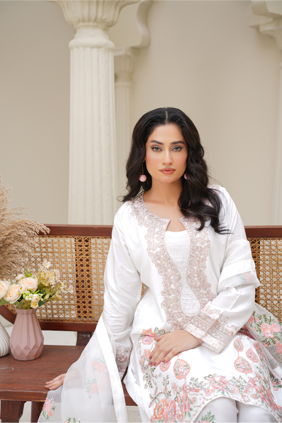 Celestia – White & Blush Embroidered 3Pc Suit | Viscose Pret
